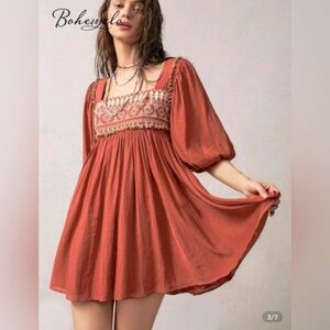 Bohemian Rust Dress with Embroidered Details